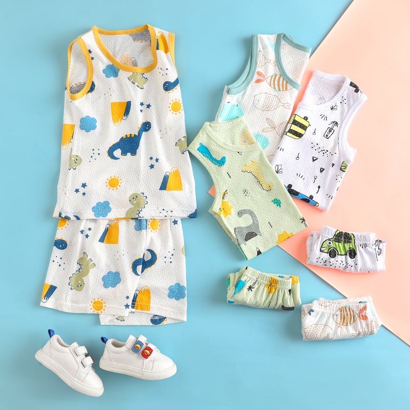 Bộ Đồ Ngủ Sát Nách Chất Liệu Cotton Phối Lưới Xuyên Thấu Không Tay Kích Thước 80-150cm Phong Cách Hàn Quốc Cho Bé