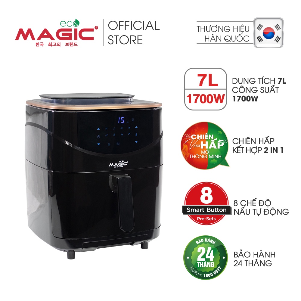 Nồi chiên không dầu kết hợp hấp Magic Eco S07 7L cho gia đình 8-10 người,8 chế độ chiên-hấp tự động,bảo hành chính hãng