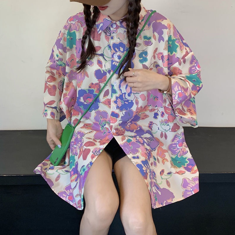 COZOK Áo Sơ Mi Oversize In Họa Tiết Hoa Tương Phản Phong Cách Hàn Quốc