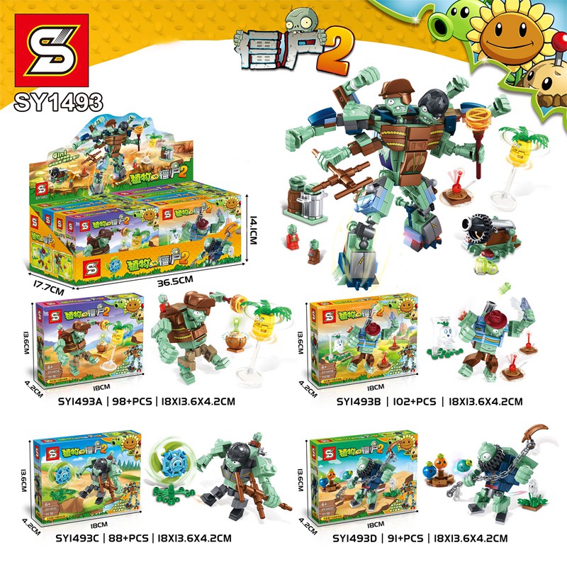 Lego Zombie vs Plant 4 In 1 - 380 Chi Tiết - Bộ Ghép Hình 4 Nhân Vật Nhỏ Ghép Thành Zombie Khổng Lồ - Có Video