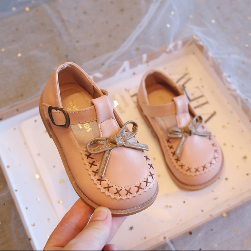 Giày Da Đế Mềm Chống Trượt Đính Nơ Phong Cách Vintage Cho Bé Gái 2-8 Tuổi
