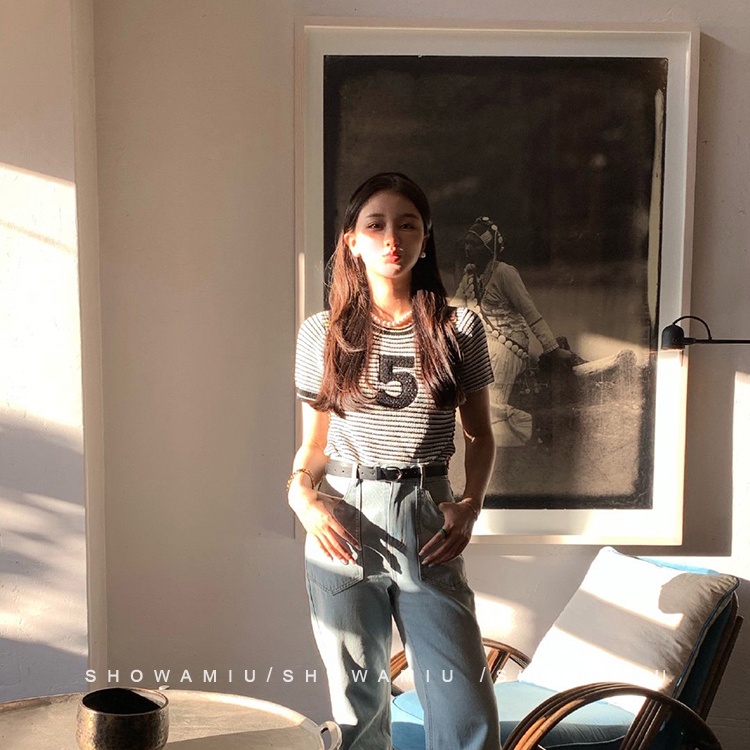 SUXI Áo Thun Ngắn Tay Cổ Tròn Dáng Rộng Họa Tiết Kẻ Sọc Đơn Giản Thời Trang Mùa Hè Cho Nữ