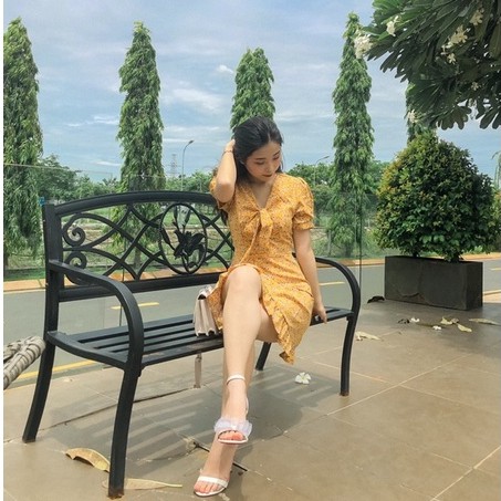 💯 Đầm nữ 👗đầm tiểu thư 👗đầm dáng xòe dáng chữ A tay phồng cổ chữ V phối nơ ngực họa tiết hoa nhí dễ thương năng động | WebRaoVat - webraovat.net.vn