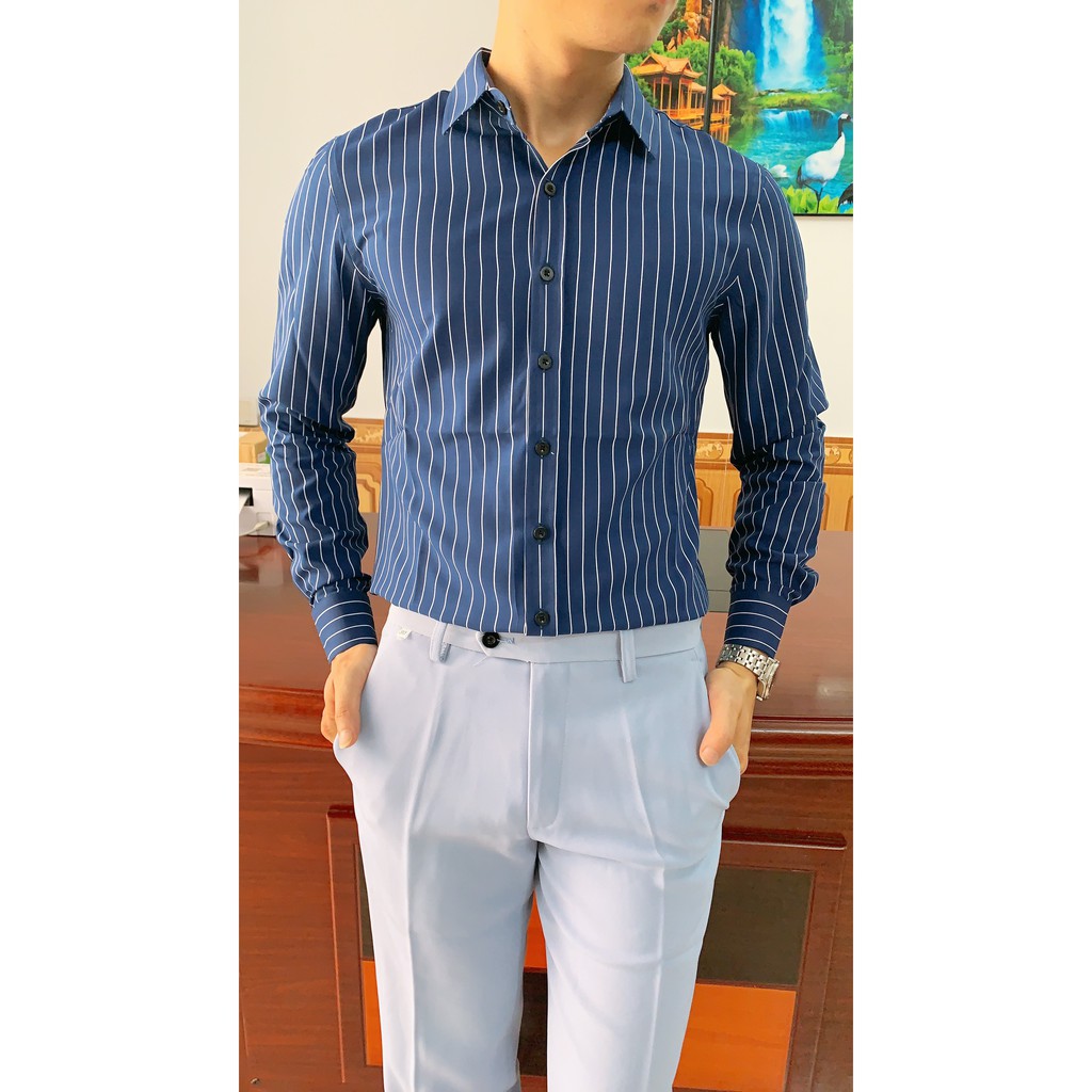Áo Sơ Mi - Áo Sơ mi Nam kẻ - Chất liệu lụa cao cấp, chất vải mềm mịn, dáng slimfit trẻ