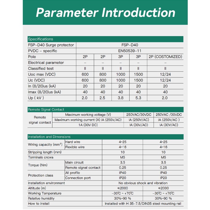 Chống sét lan truyền DC 2P 600V / 3P 1000V hãng FEEO mã FSP-D40 cho hệ thống điện mặt trời