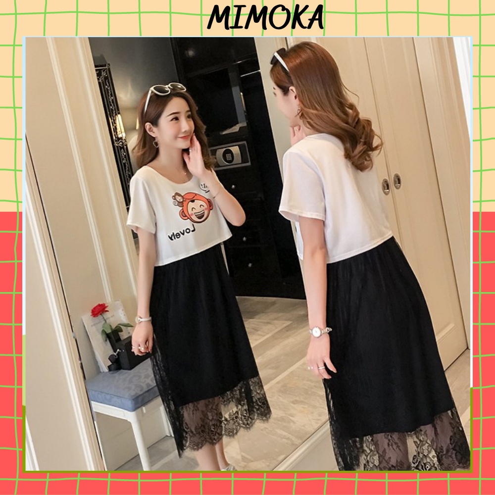 Đầm bầu váy bầu Mimoka MVB03 dáng xuông phong cách Hàn Quốc trẻ trung chân váy ren