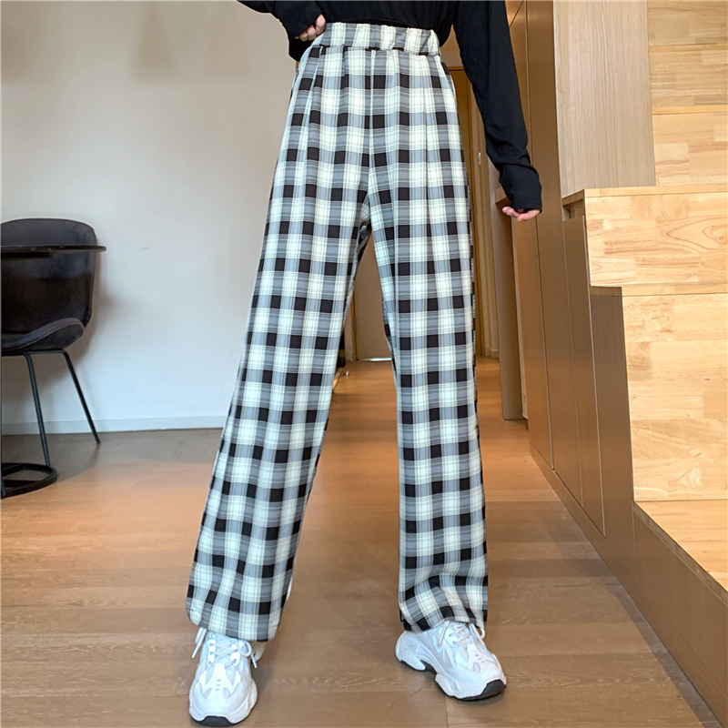 SUXI Quần Dài Lưng Cao Ống Rộng Họa Tiết Sọc Caro Cho Nữ