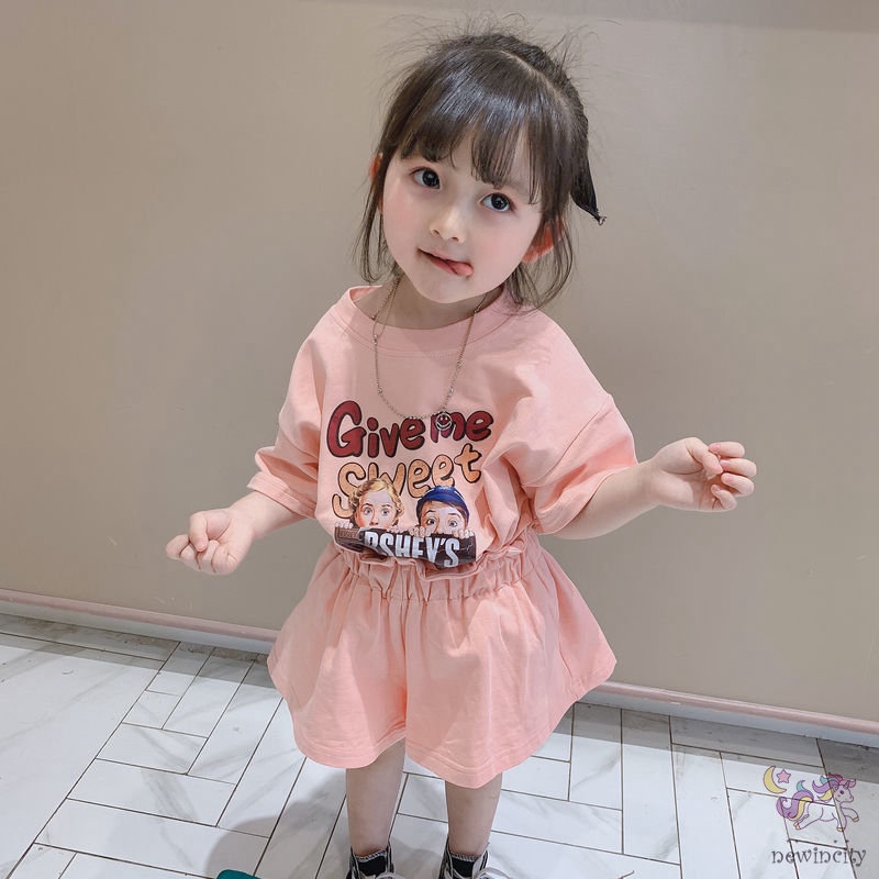Set Áo Thun Tay Ngắn &amp; Quần Short Cotton In Hoạt Hình Phong Cách Hàn Quốc Cho Bé Gái