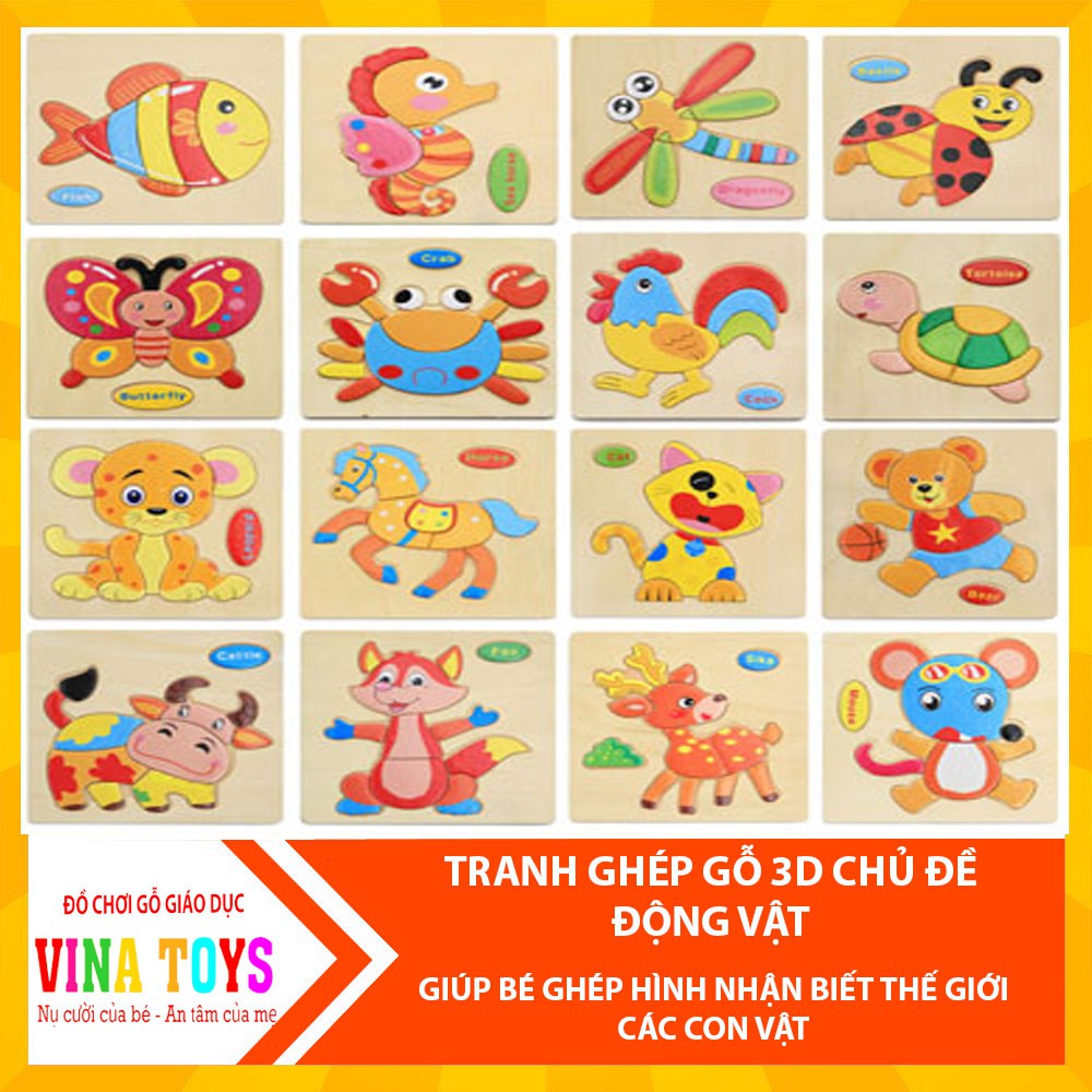 Đồ Chơi Gỗ Cho Bé Tranh Ghép Hình Động Vật Gỗ 3D Hình Nổi Cho Bé 15x15cm - Đồ Chơi Gỗ Thông Minh Cho Bé VINATOYS