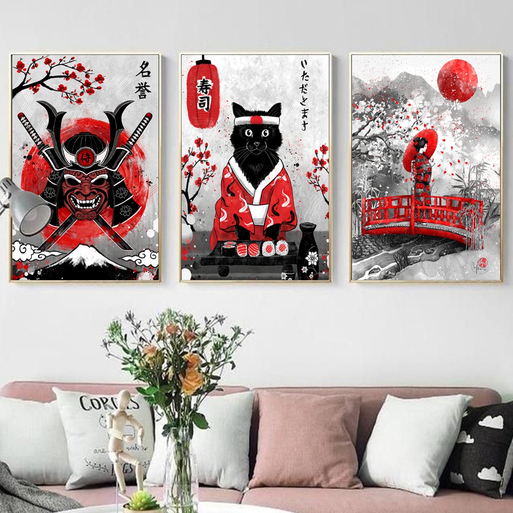 Tranh vải canvas hình Geisha Nhật Bản và hình cá âm dương treo tường trang trí cho phòng khách