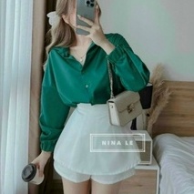 Set áo sơ mi dài tay kèm quần đùi gải váy phong cách công sở đi làm đi chơi cực đẹp