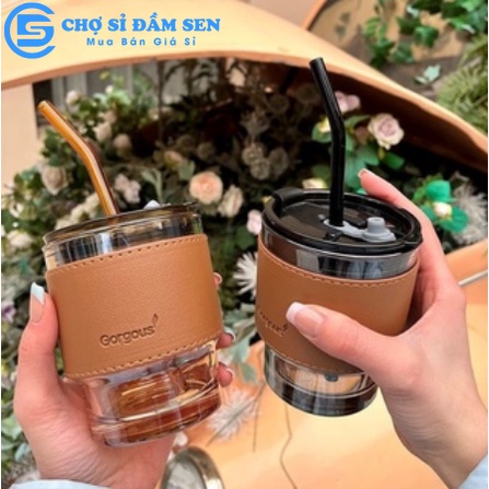 Ly thủy tinh có nắp đậy và ống hút bọc da chống nóng dung tích 450ml G397-LyBaoDa
