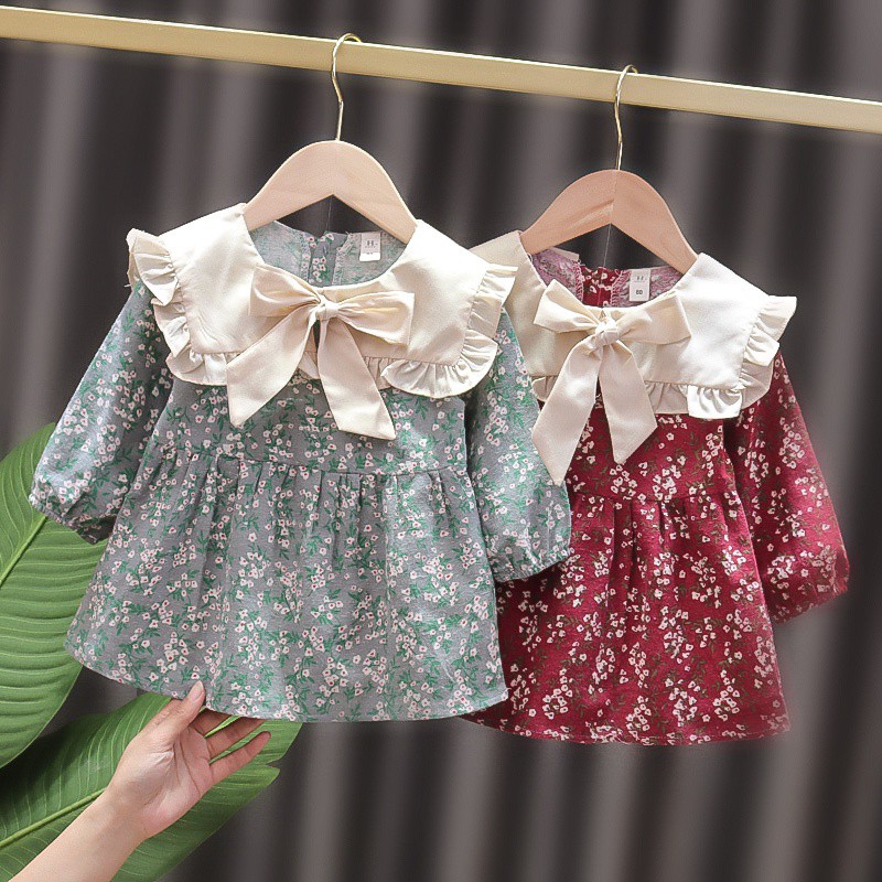 Váy cổ bẻ in họa tiết hoa phong cách Hàn Quốc xinh xắn cho bé gái