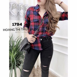 Áo sơ mi caro 2 túi vải kate cực xinh