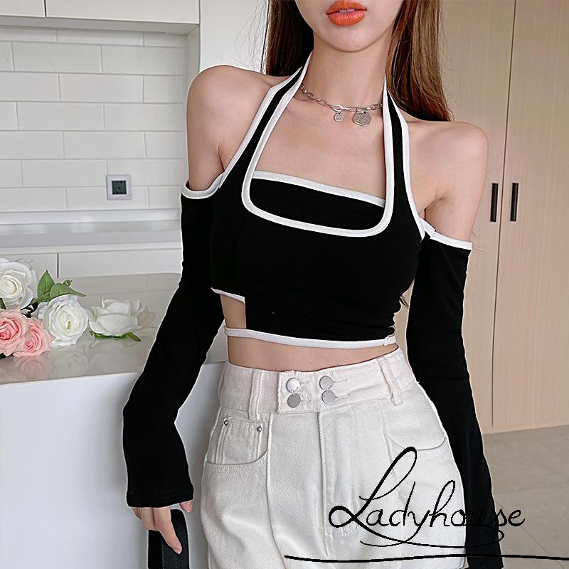 Áo Thun Croptop Giả Hai Mảnh Tay Dài Hở Vai Màu Xám/Đen Thời Trang Xuân Hè Dành Cho Nữ