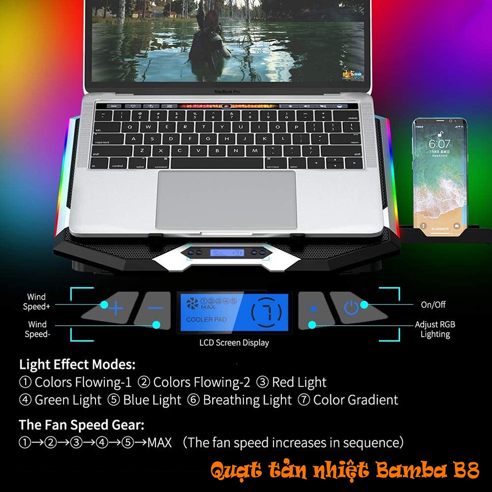 Quạt làm mát Laptop Bamba B8 và Bamba B9 có Led RGB ( 2 Quạt lớn) - Đế tản nhiệt Laptop có Led RGB