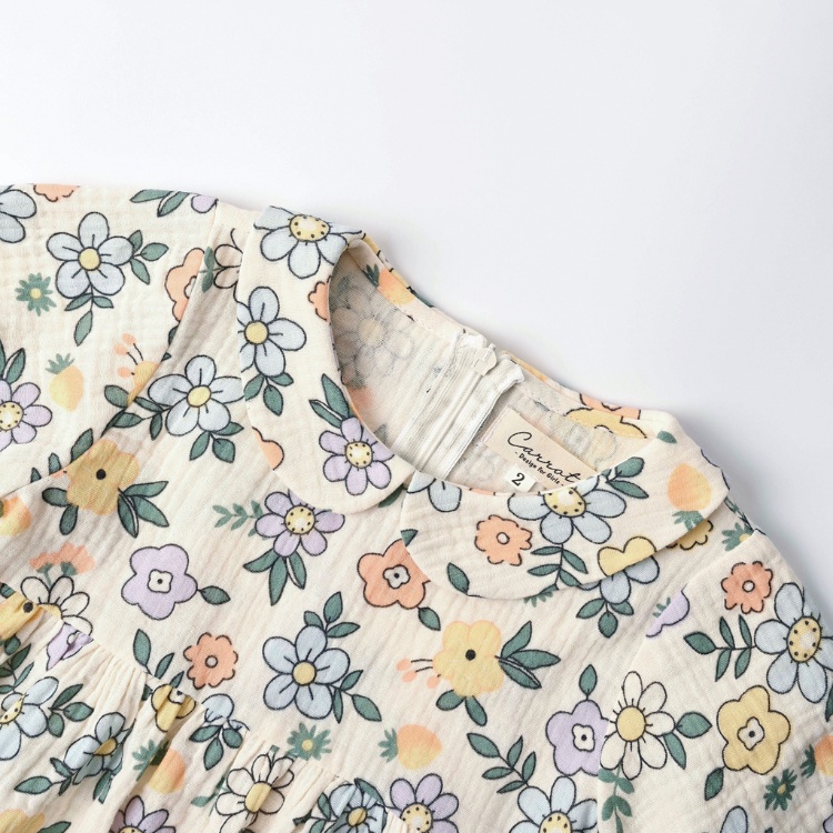 Váy Bé Gái Carrot Đầm Xòe Tay Lỡ Cổ Sen, Họa Tiết Hoa Xanh, Chất Xô Muslin Mềm, Thoáng Mát