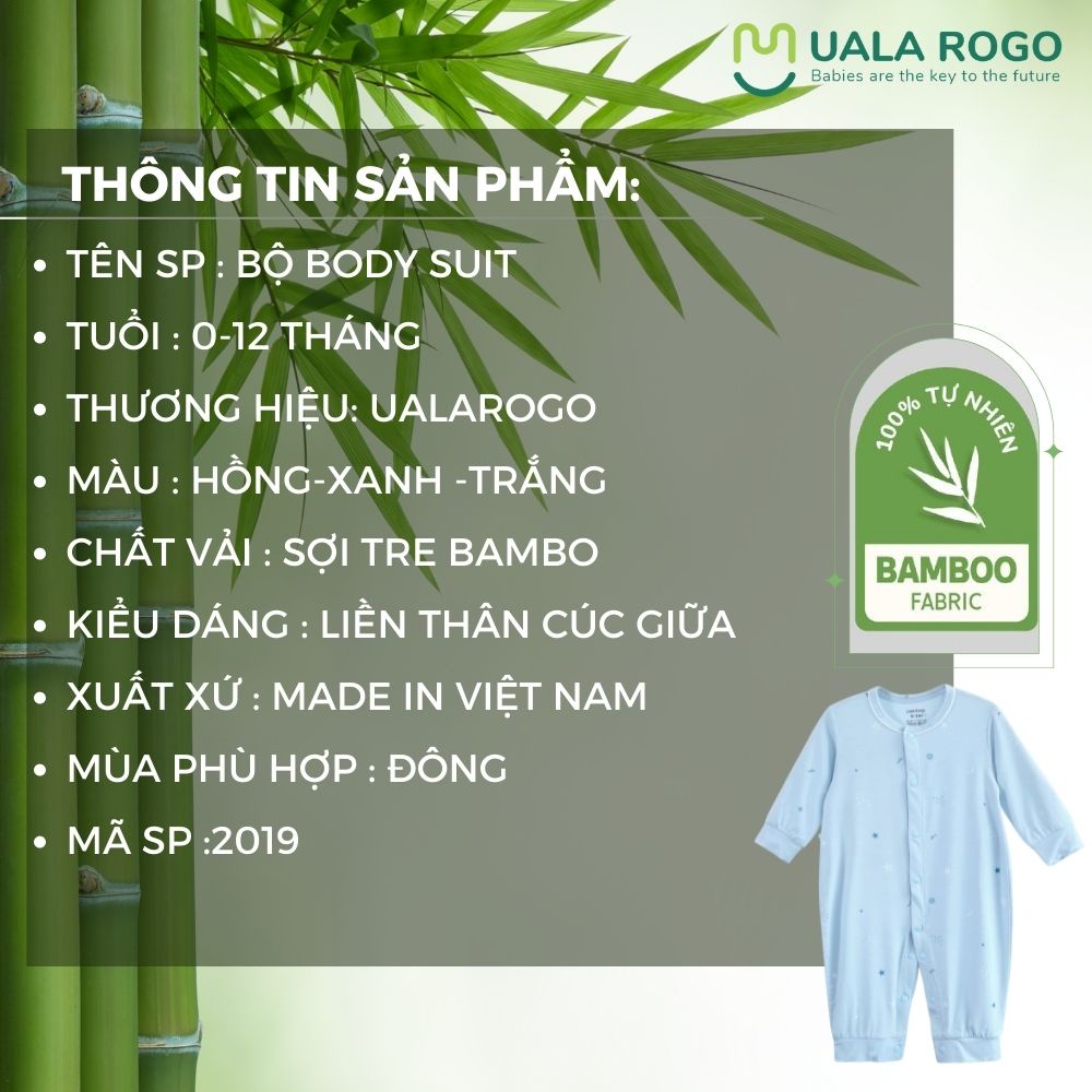 Bodysuit cho bé Uala rogo 0-12 tháng vải sợi tre bamboo fabric mềm gọn gàng dài tay cúc giữa quần áo trẻ em UR2019