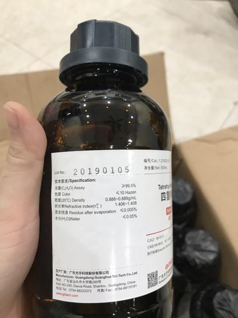 Tetrahydrofuran 99.5% C4H8O chai 500ml Xylong Trung Quốc thf CAS 109-99-9