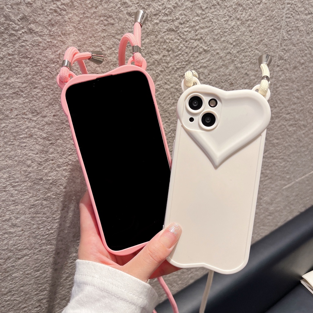 Ốp Điện Thoại Hình Trái Tim 3D Dễ Thương Có Dây Đeo Chéo Cho iPhone 11 12 Pro Max XS Max 7 8 Plus X XR