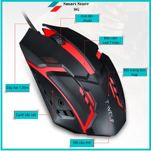 Chuột máy tính T-WOLF Model V1,Chuột máy tính có dây cắm USB, Đèn Led Gaming