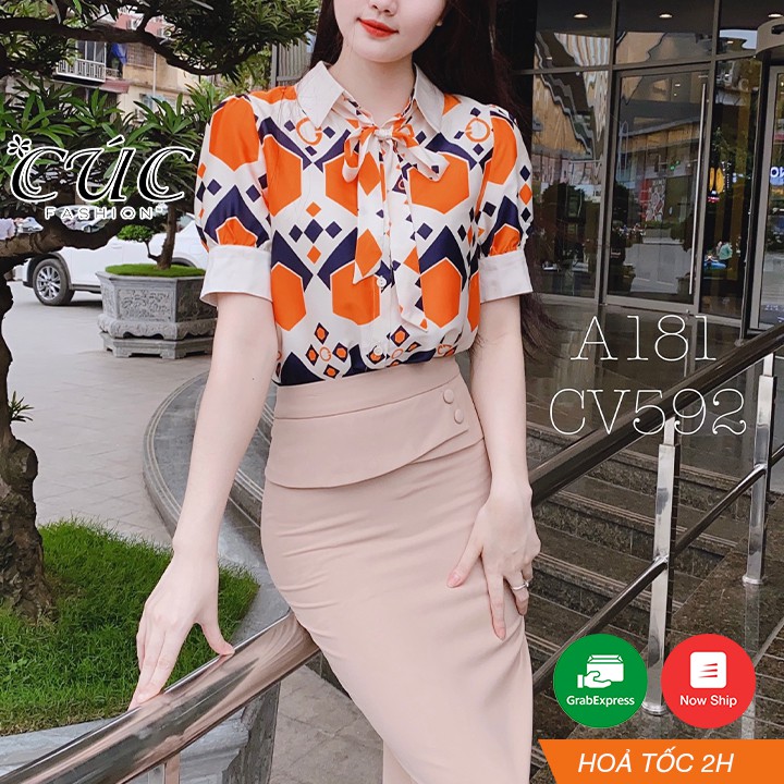 Áo sơ mi nữ cao cấp công sở Cúc Fashion A181 áo somi họa tiết cam