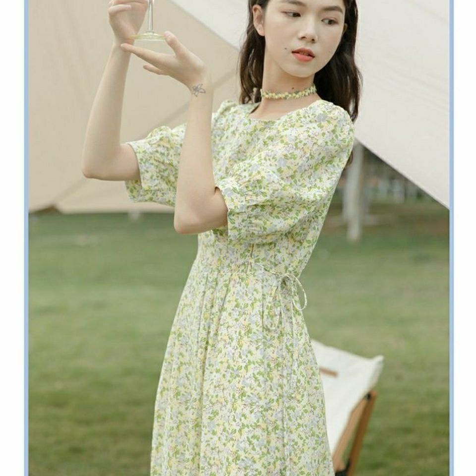 Đầm Chiffon Tay Ngắn Cổ Vuông Thắt Eo In Họa Tiết Hoa Phong Cách Mới Mùa Hè Cho Nữ