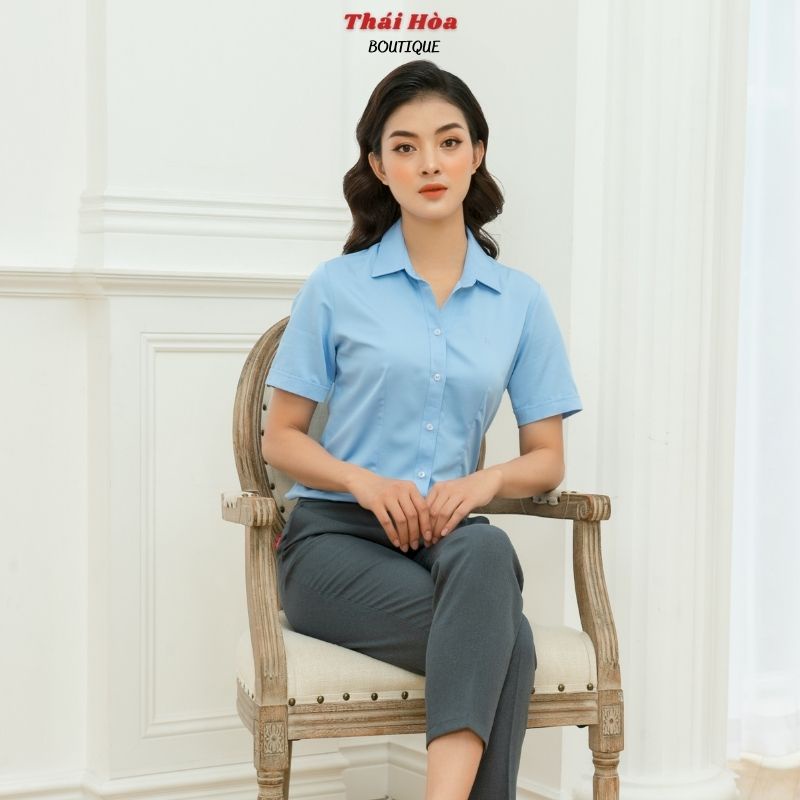 Áo sơ mi nữ tay ngắn bigsize công sở đẹp kiểu xanh cotton Thái Hoà N047-06-01