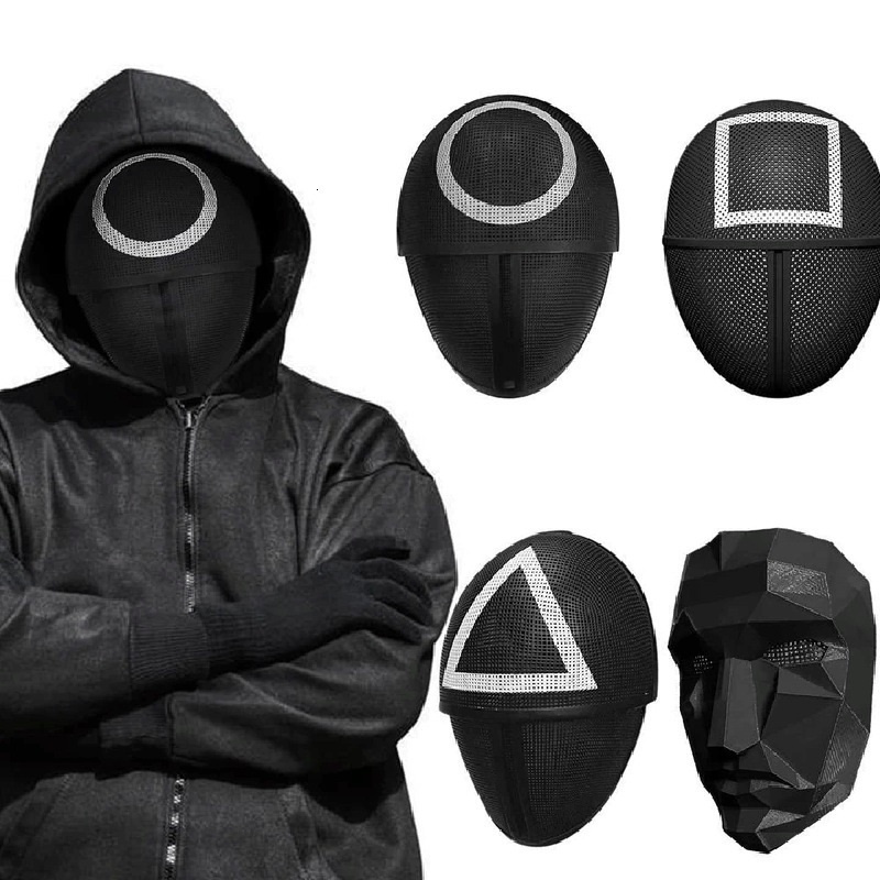 Mực Trò Chơi Tam Giác Vuông Vòng Tròn Cosplay Mặt nạ Nhựa Đỏ Hood Người Mũ Trùm Trang Phục Đạo Cụ