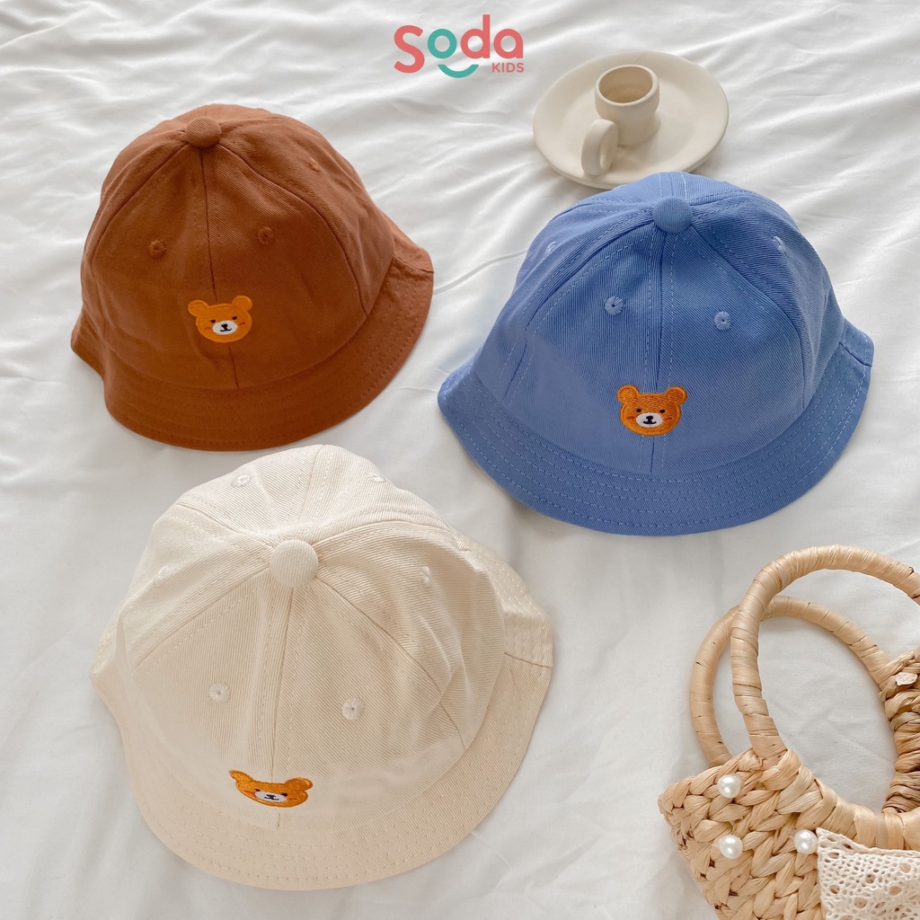 Mũ vành nhỏ trơn thêu gấu 3 màu dành cho bé trai và bé gái (Ảnh thật)