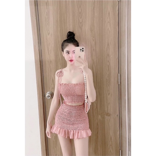 Set áo hai dây kèm chân váy nhún ôm body chất voan siêu sexy xinh xắn, set xinh