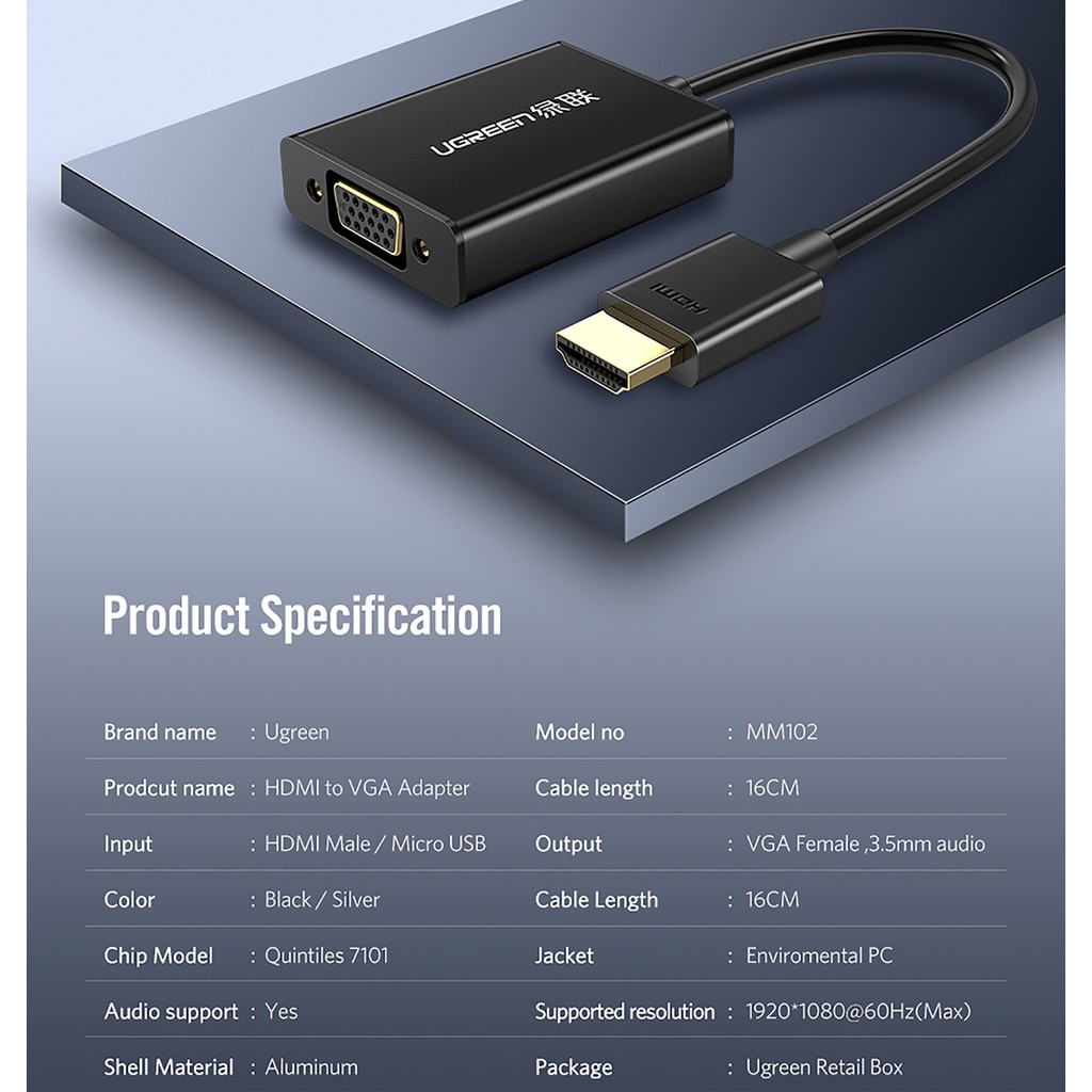 Cáp Chuyển HDMI ra VGA kèm Audio Cao Cấp UGREEN MM102 | Dây Tròn