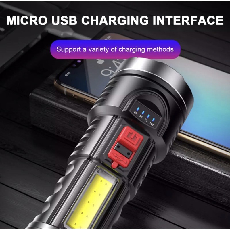 Đèn Pin Sạc Led Lu xenon Cob Đèn Báo Dung Lượng Cổng Sạc Micro USB