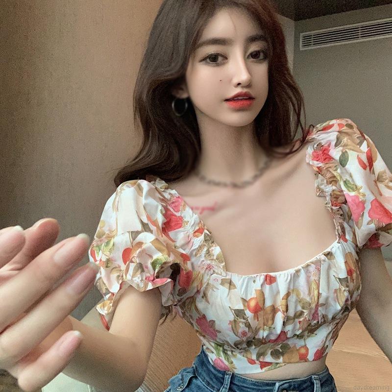Áo croptop cổ vuông ngắn tay in hoa gợi cảm cho nữ