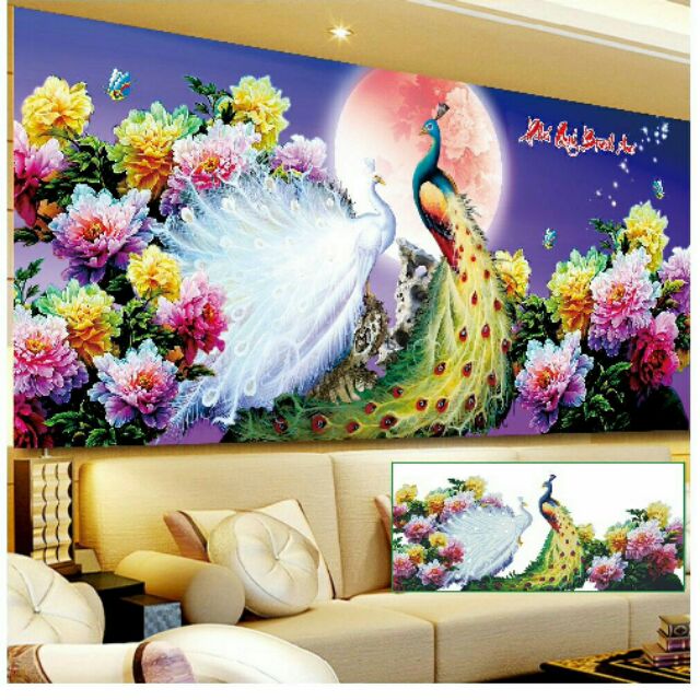 Tranh đính đá Phú Quý Bình An - Đôi công Hoa mẫu đơn y8080 kích Thước 160x75cm. Y8079(120*60)