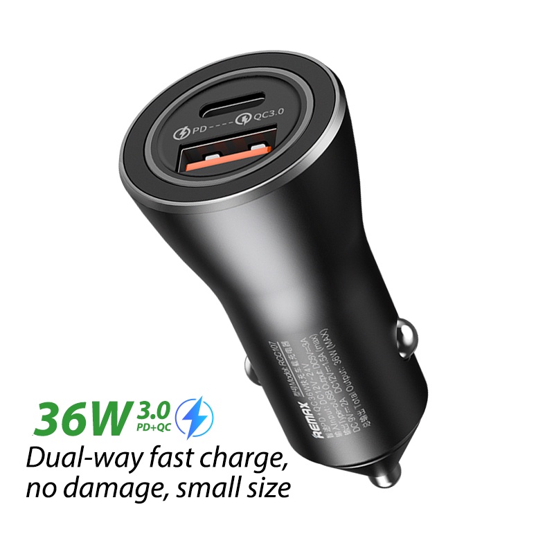 Tẩu Sạc Nhanh Ô Tô Xe Hơi Remax RCC107 Công Suất 36W Quick Charge 3.0 Cổng Sạc USB + Type C