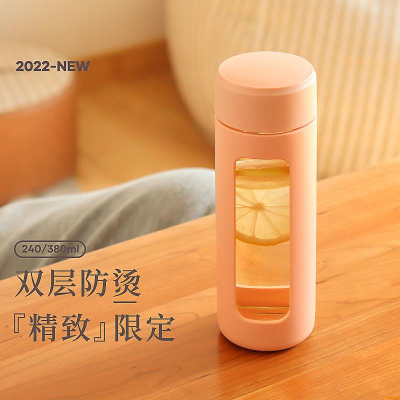 Cốc Thủy Tinh Dày Hai Lớp Cách Nhiệt Có Nắp Trong Suốt Phong Cách Hàn Quốc Mùa Hè Mang Đi Tiện Lợi