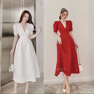 ĐẦM DỰ TIỆC CỔ TIM [có bigsize]- MIDI XÒE TAY PHỒNG - TRẮNG ĐỎ HỒNG - GD069