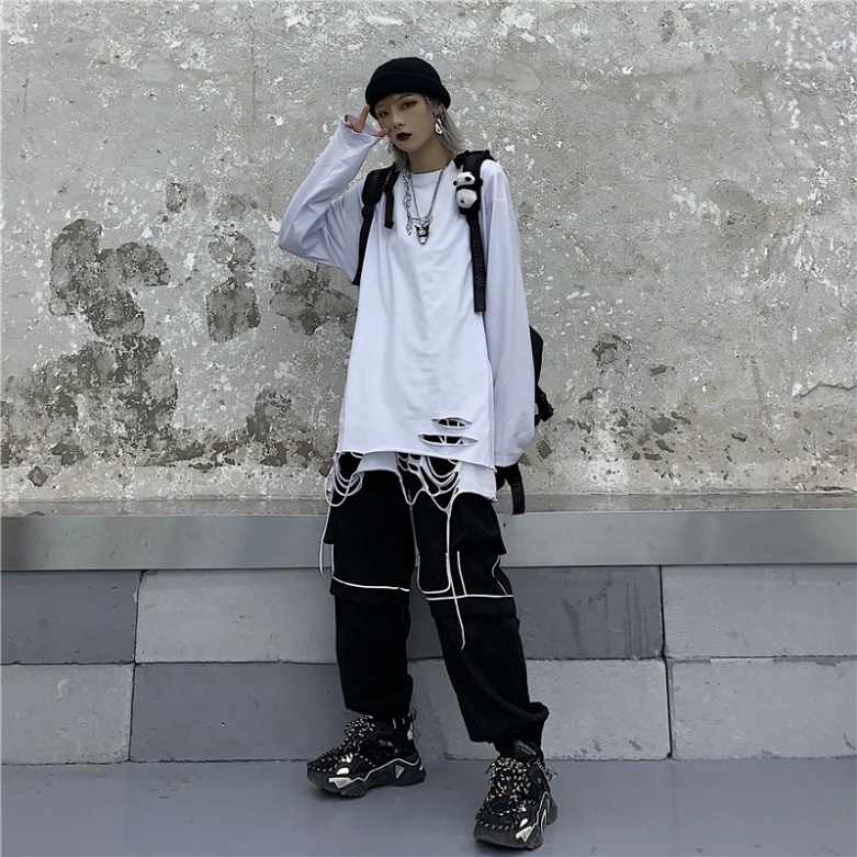 Áo thun dài tay 95% cotton rách gấu tạo layer màu basic hip hop unisex nam nữ