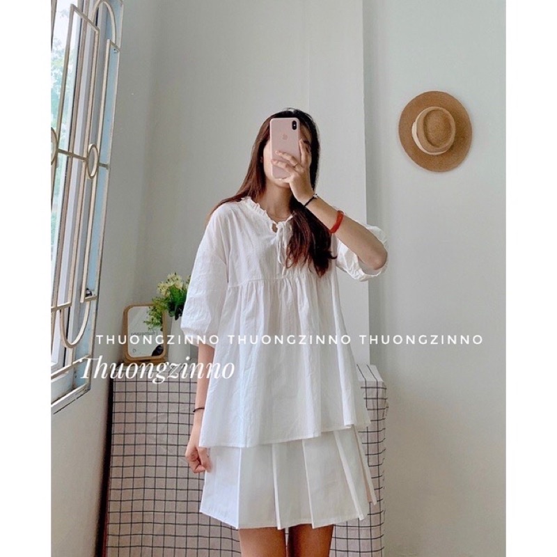 Set Bộ Sơ Mi Babydoll Bèo Tay Ngắn Siêu Xinh
