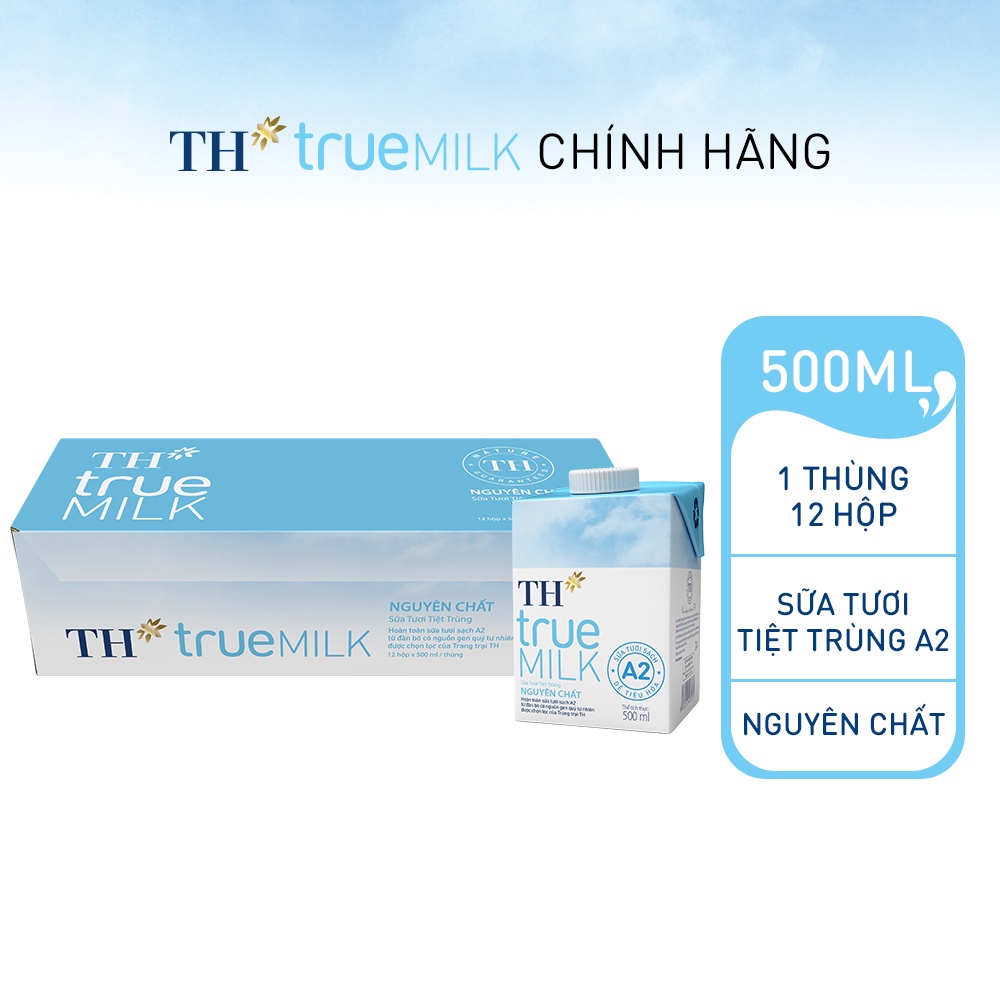 Thùng 12 hộp sữa tươi tiệt trùng nguyên chất TH True Milk A2 500ml (500ml x 12)