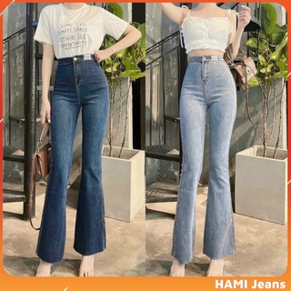  Quần jean ống loe lưng siêu cao tôn dáng chất co giãn lai cắt 