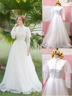 (nhận may theo size) đầm dạ hội cưới tay phồng dài váy xòe, đầm công chúa cô dâu chụp ảnh cưới đính hôn kín đá