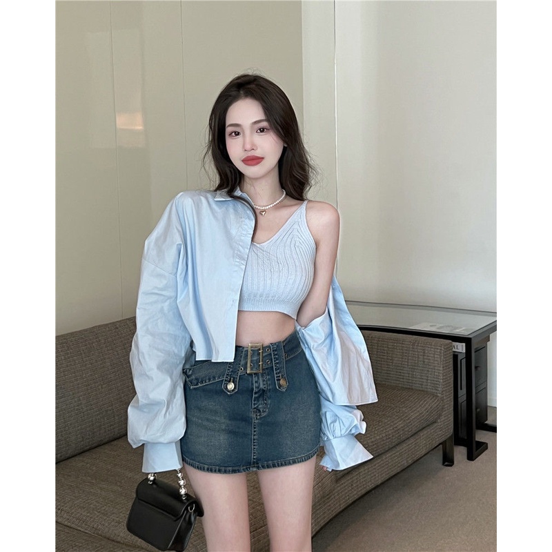 「SSUNIA」Set Áo Sơ Mi Tay Dài / Áo Khoác Ghi Lê Phong Cách Hàn Quốc Dành Cho Nữ