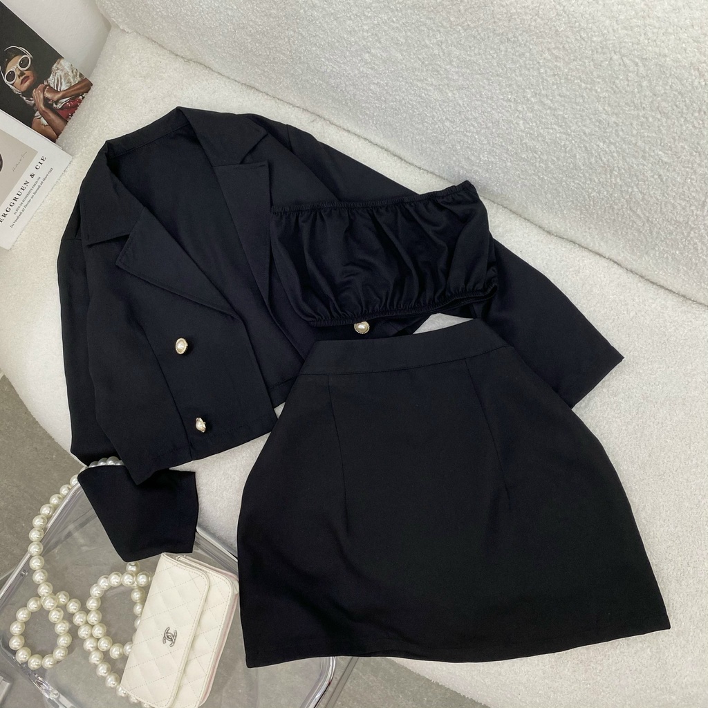 Set Crop đen nữ 3 món: Áo vest+ áo quây croptop+ chân váy ngắn chữ A chun eo