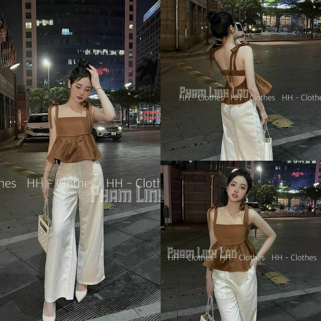 Set bộ nữ áo 2 dây cột nơ hở lưng mix quần ống suộng siêu tôn dáng, sexy cho các tình yêu đi chơi dạo, đi biển