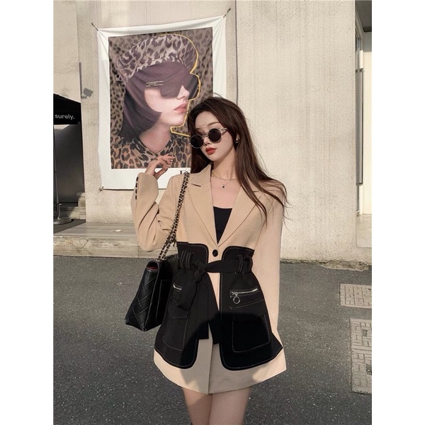 Đầm vest mix 2 màu,có dây thắt eo tôn dáng