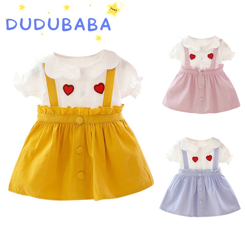 Đầm DUDUBABA cotton giả 2 lớp tay ngắn họa tiết trái tim thời trang mùa hè bé gái 0~3 tuổi