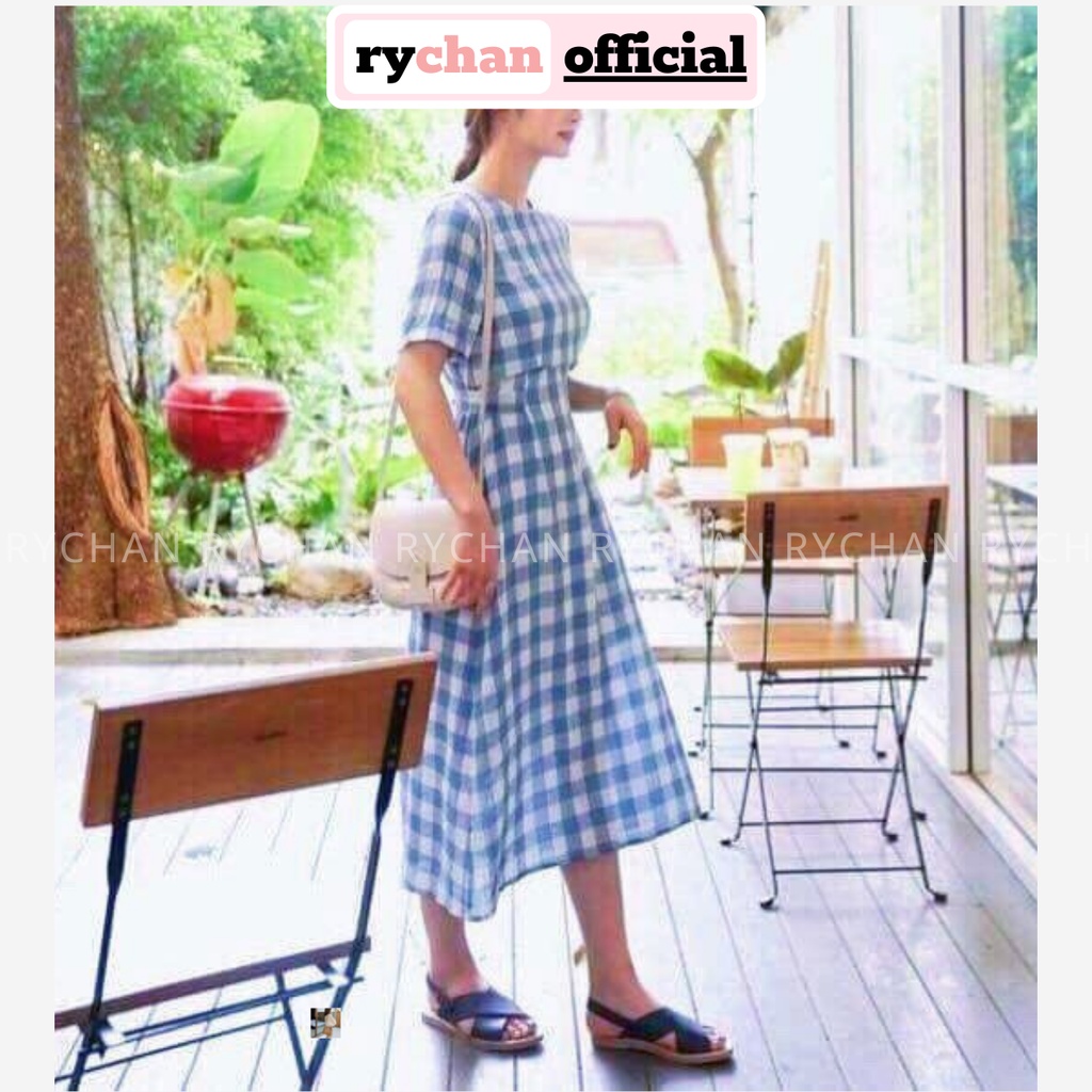 DM477 - Đầm Maxi Caro Cột Dây Eo