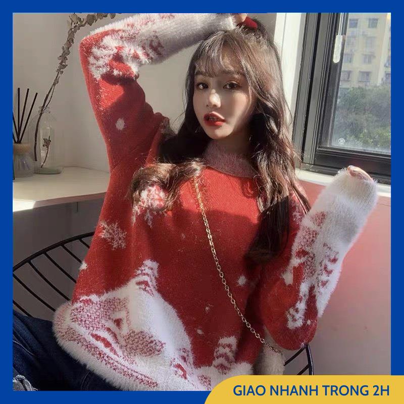 Áo Len Noel Nữ, Áo Cổ Tròn Tay Dài Form Dáng Rộng Chất Len Dày Dặn Họa Tiết Giáng Sinh Thời Trang Thu Đông Siêu Xinh, Ấm | BigBuy360 - bigbuy360.vn